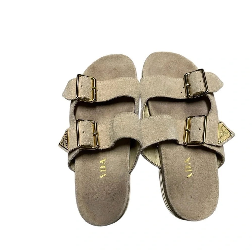 Prada Beige Suede Sandals with Gold Buckles, sz 37 pre-owned
